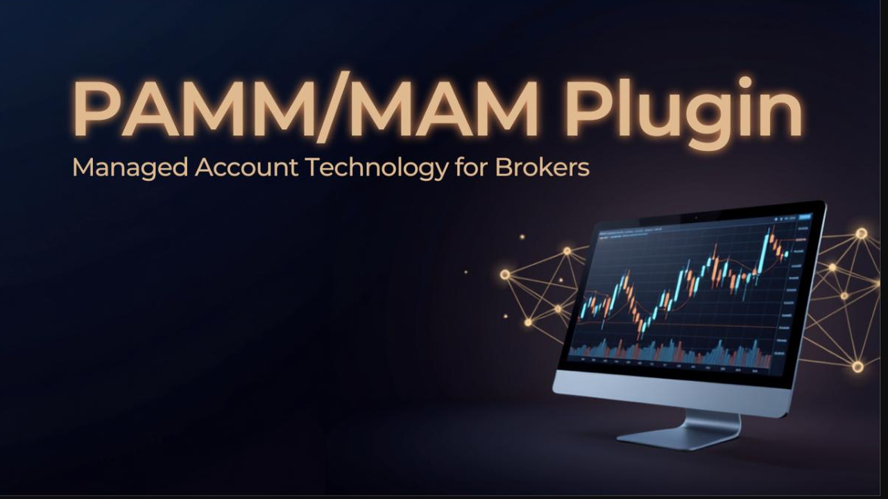 Gold 3D wireframe network beside a dark trading terminal illustrating PAMM MAM managed account allocation for forex brokers
