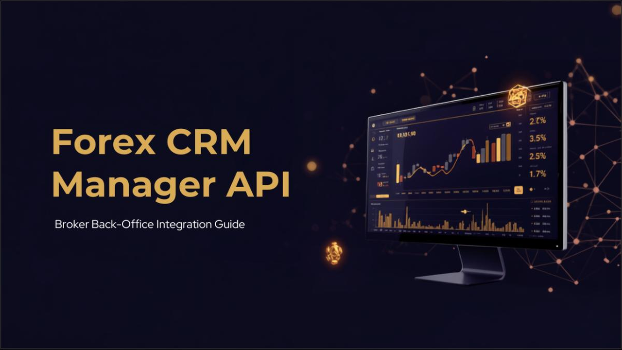 Gold 3D dashboard and network icons beside a dark CRM manager terminal illustrating a Forex CRM Manager API for brokers