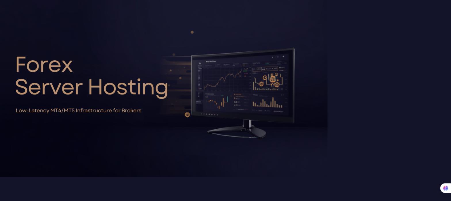 Dark navy and gold hero graphic for a forex server hosting guide with dashboard mockup