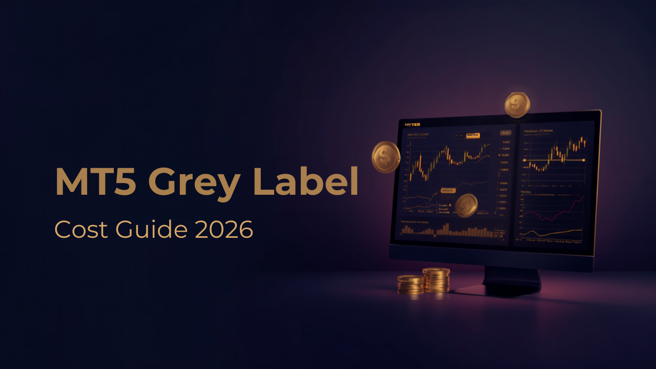 MT5 Grey Label cost breakdown dashboard graphic with gold and navy fintech design