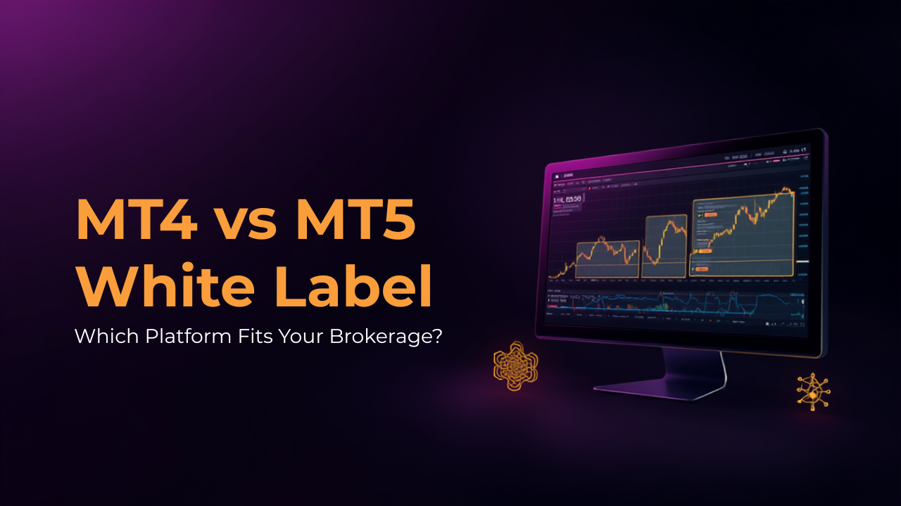 Dark navy and gold hero graphic comparing MT4 White Label and MT5 White Label trading platforms for forex brokers