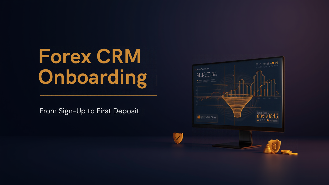 Dark CRM dashboard monitor with client funnel chart and gold shield icon for Forex CRM onboarding